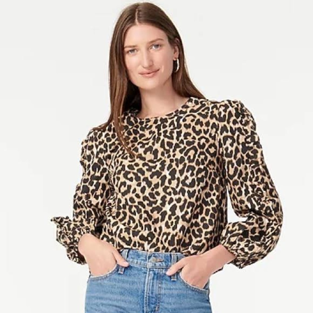 NWT J. Crew Leopard Ruffle Long Sleeve Top
